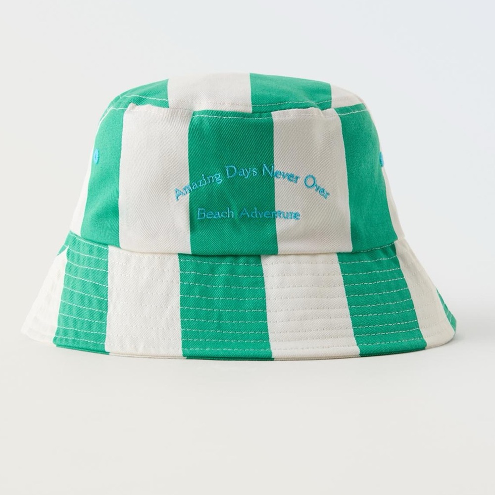 Zara Green and White Striped Kids Bucket Hat